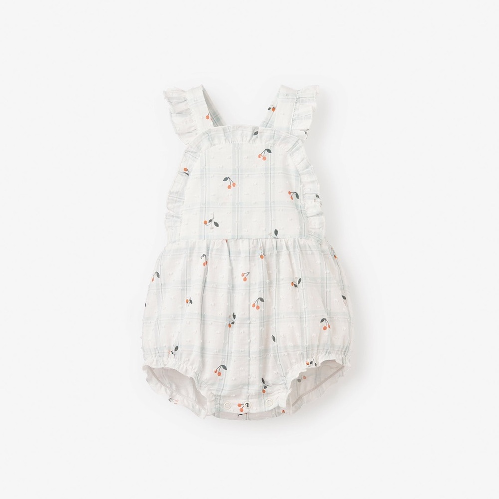 Elegant Baby Strawberry Picnic Swiss Dot Sunsuit